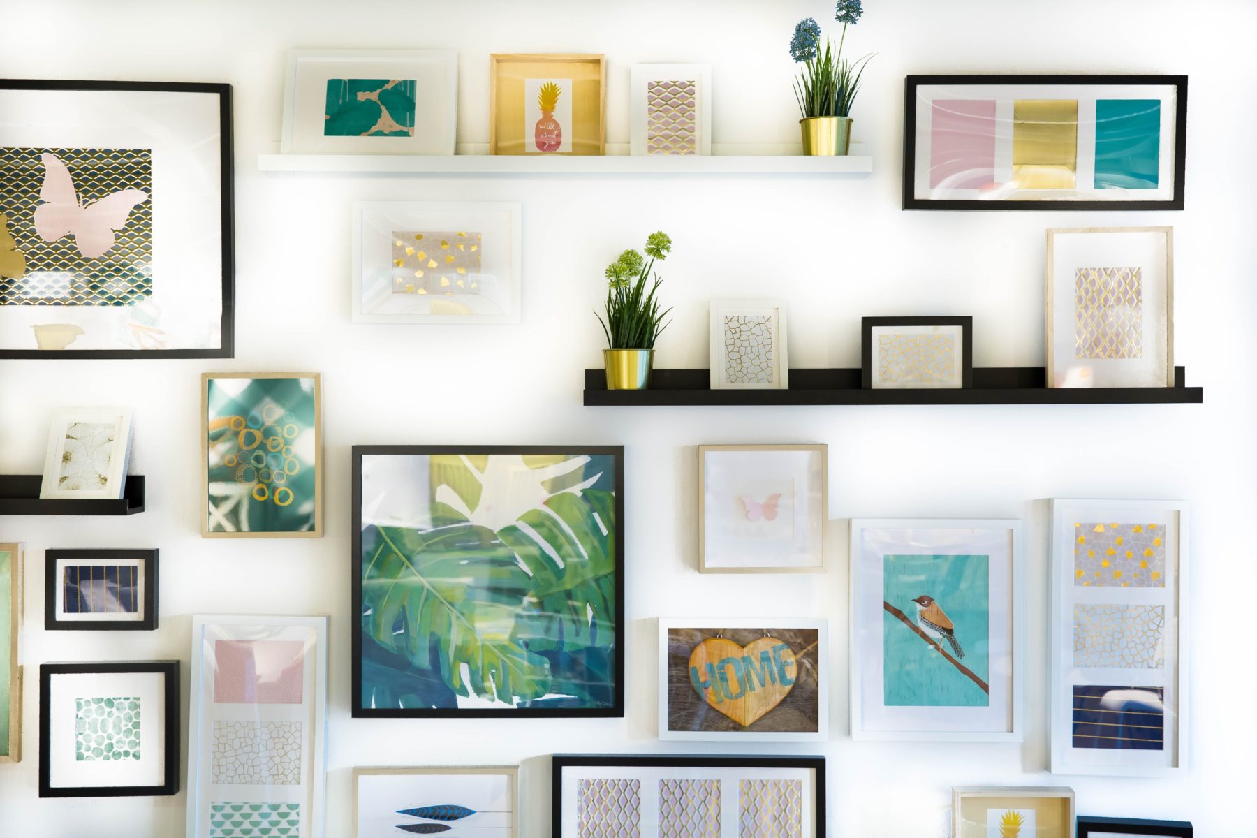 photo frames and shelves, white wall